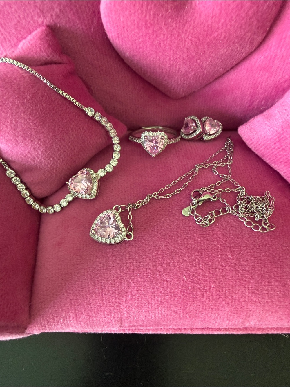 Pink Heart Crystal Jewelry Set - Necklace, Pendant, Ring, Earrings NWOT
